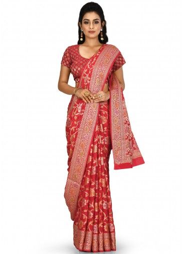 Red Floral Woven Pure Banarasi Silk Bridal Saree