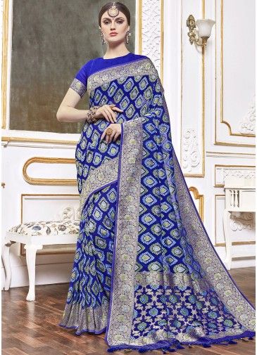 Blue Viscose Woven Saree With Blouse