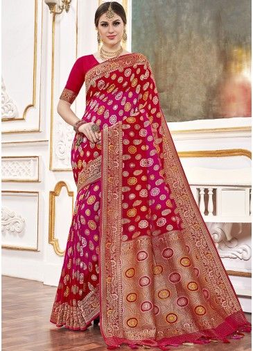 Pink And Red Woven Viscose Saree With Blouse