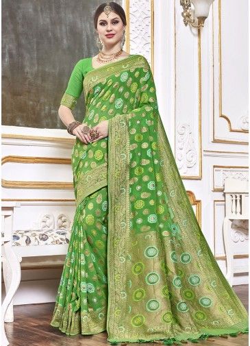 Green Viscose Woven Saree With Blouse