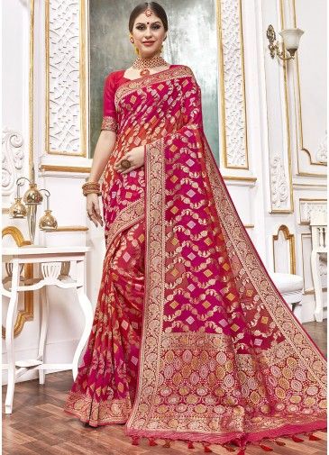 Red And Pink Woven Viscose Saree With Blouse