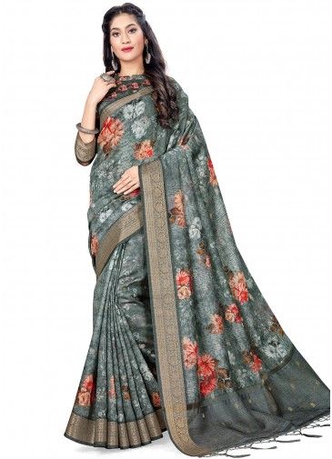 Green Floral Digital Printed Saree With Blouse