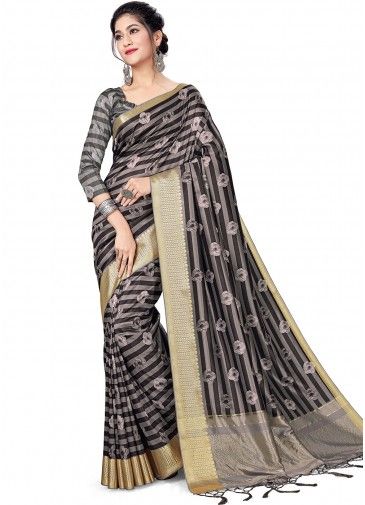 Grey and Black Digital Printed Tussar Silk Saree