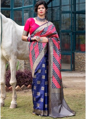 Multicolor Banarasi Silk Half N Half Woven Saree With Blouse