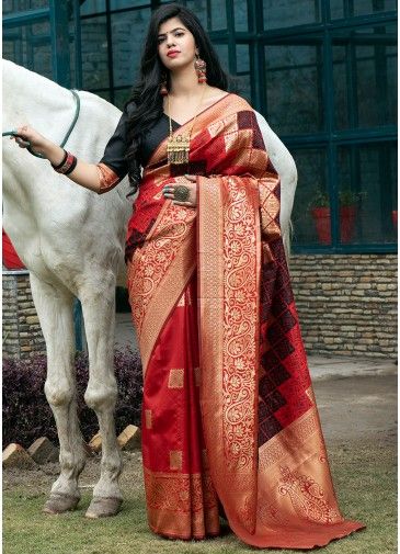 Red Banarasi Silk Woven Saree With Blouse