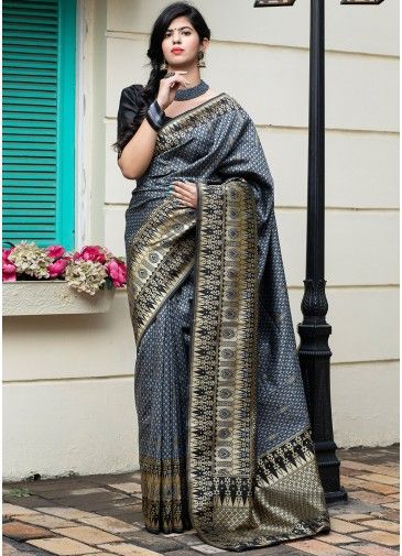 Grey Woven Banarasi Silk Saree With Blouse