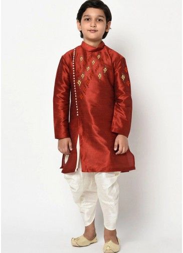 Red Angrakha Style Readymade Dhoti Kurta For Kids
