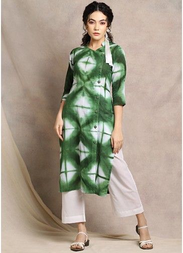 Green Tie Dye Printed Cotton Long Kurta Pant Set