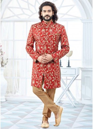 Red Art Silk Readymade Groom Sherwani