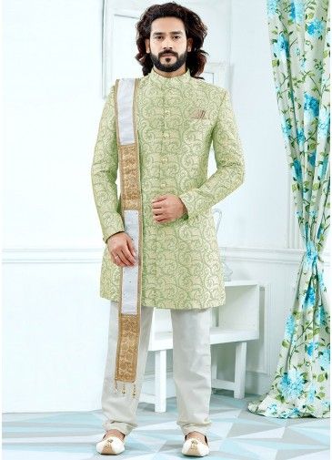 Readymade Green Art Silk Sherwani With Trouser