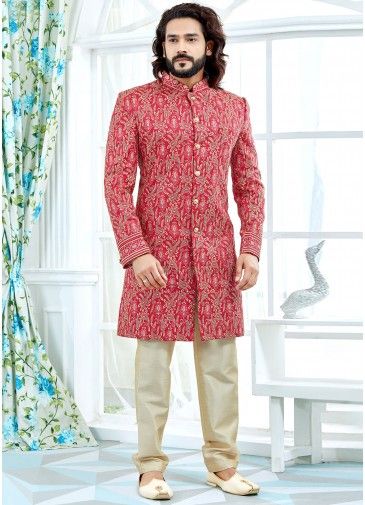 Red Art Silk Readymade Groom Sherwani