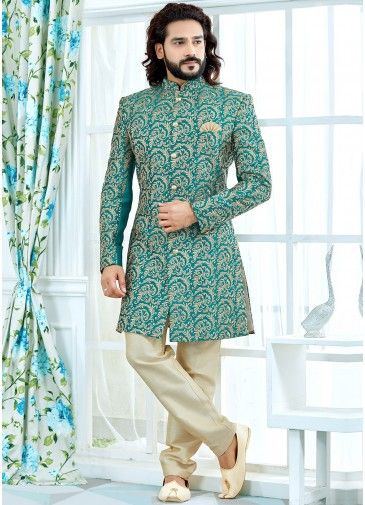 Green Art Silk Readymade Woven Sherwani
