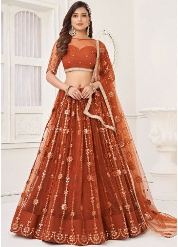 Red Net Lehenga Choli In Sequins Embroidery