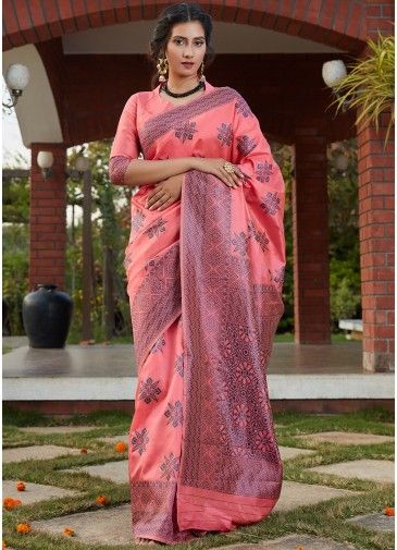 Pink Woven Art Banarasi Silk Saree With Blouse
