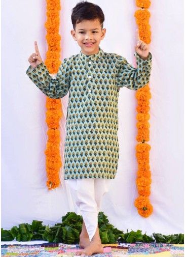 Readymade Green Floral Kids Dhoti Kurta