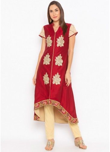 Maroon Asymmetric Embroidered Long Kurta With Pant