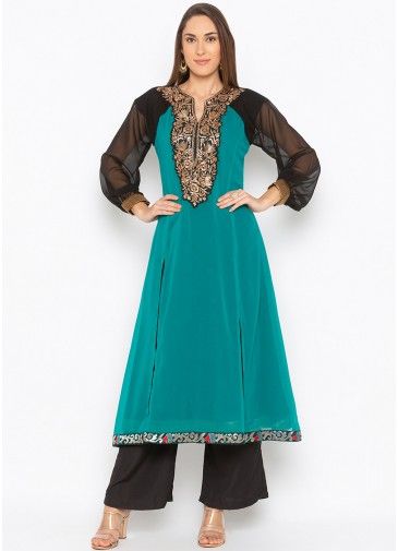 Green Embroidered Asymmetric Long Kurta With Pant