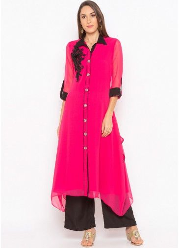 Pink Embroidered Asymmetric Readymade Kurta With Pant