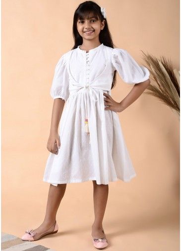 White Readymade Cotton Flared Dress For Kids
