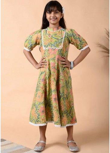 Green Floral Printed Readymade Dress For Kids