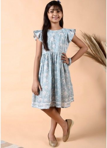 Readymade Blue Kids Dress With Floral Print