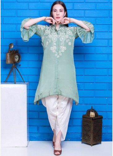 Green Readymade Bell Sleeved Embroidered Kurti Set