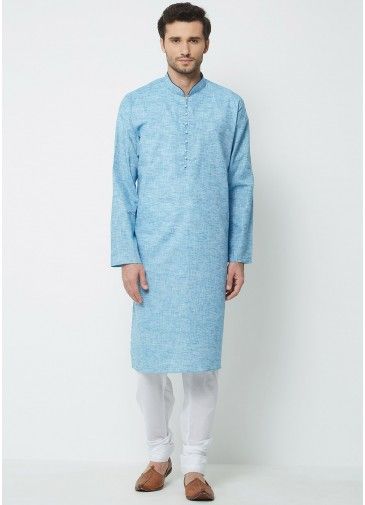 Light Blue Cotton Readymade Kurta Pajama