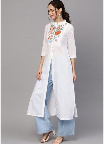 White Embroidered Slit Style Long Kurta Pant Set