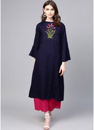Navy Blue Embroidered Bell Sleeved Kurta Palazzo Set