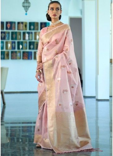 Pink Organza Festive Saree With Blouse