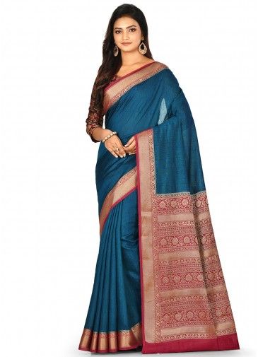 Blue Pure Banarasi Silk Woven Border Saree