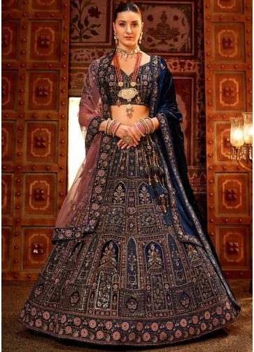 Blue Embroidered Bridal Lehenga Choli In Velvet
