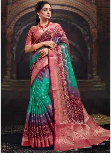 Multicolor Digital Print Jacquard Saree With Blouse