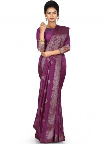 Purple Woven Saree And Blouse In Silk