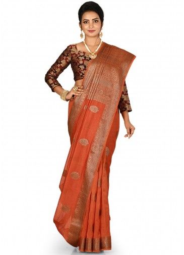 Orange Woven Silk Saree With Blouse