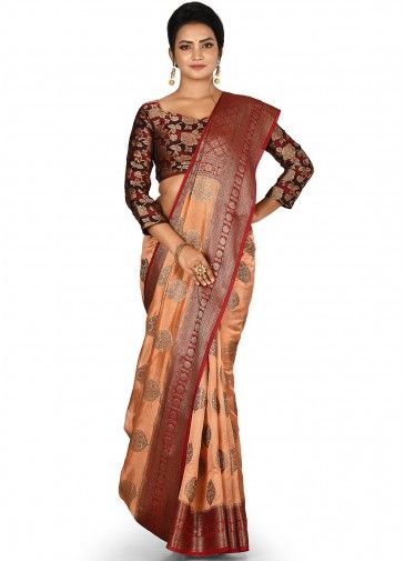 Orange Woven Saree With Blouse In Silk