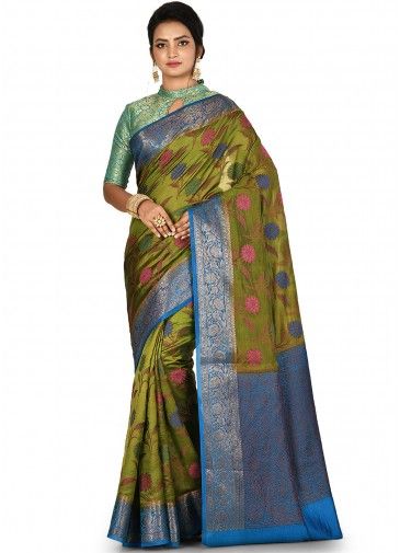 Green Floral Woven Silk Saree With Blouse