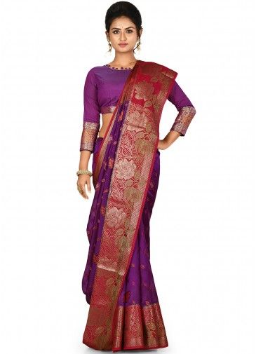 Purple Floral Woven Saree In Silk
