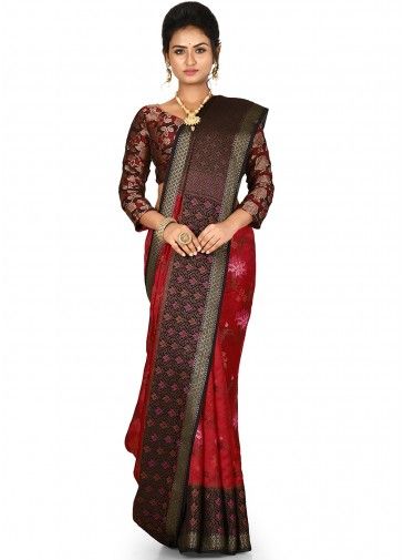 Red Floral Woven Saree In Silk