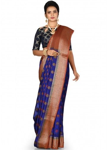 Blue Floral Woven Silk Saree With Blouse