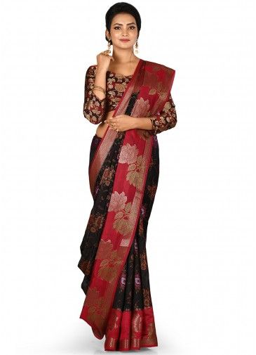Black Floral Woven Silk Saree With Blouse