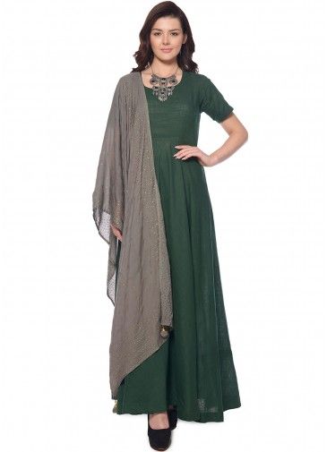 Green Readymade Anarkali Suit With Dupatta