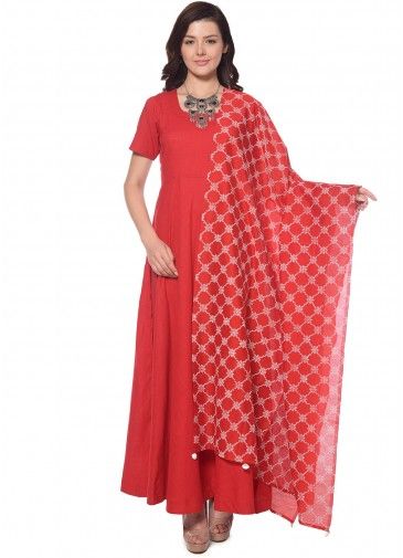 Readymade Red Anarkali Suit With Printed Dupatta