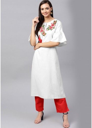 White Embroidered Bell Sleeved Kurta With Pant