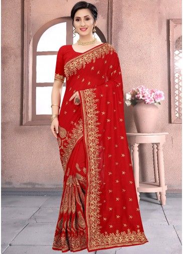 Red Silk Bridal Saree With Zari Embroidery