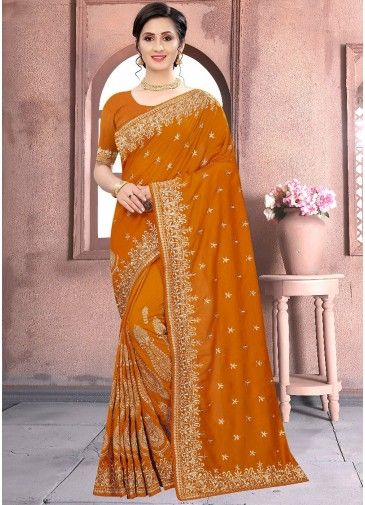 Orange Zari Embroidered Silk Saree For Festive Wear