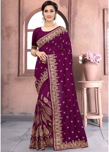 Zari Embellished Purple Saree With Blouse