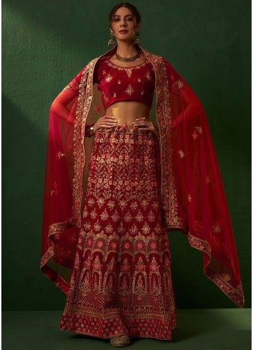 Red Embroidered Bridal Lehenga Choli In Velvet