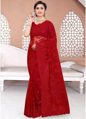 Red Embroidered Heavy Border Saree With Blouse