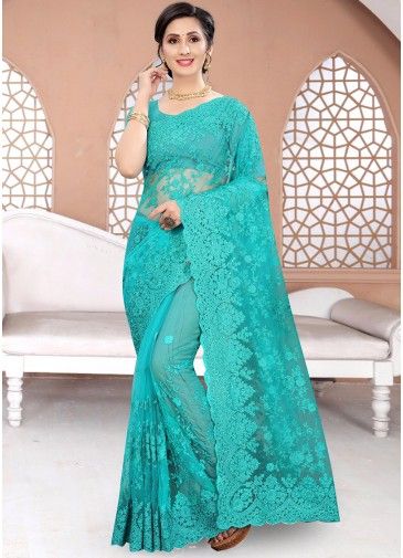 Turquoise Net Embroidered Saree With Blouse